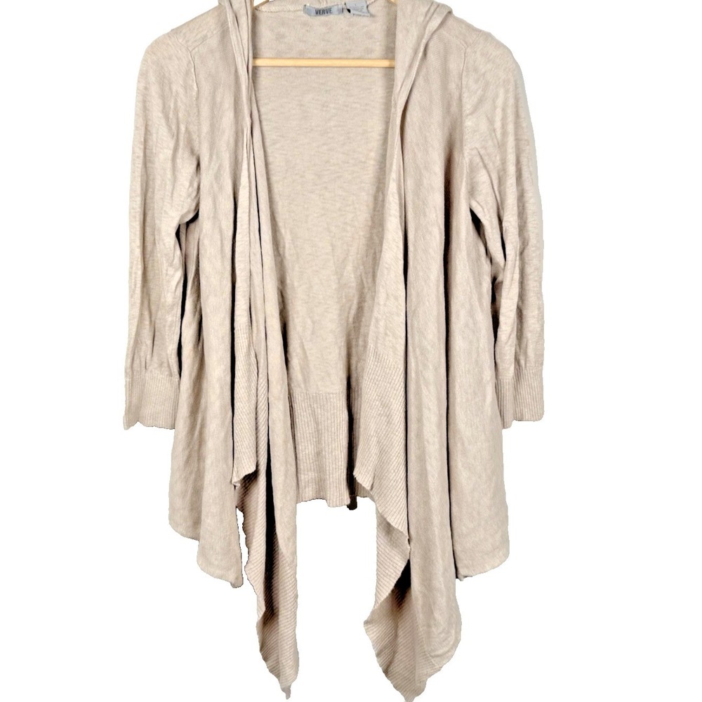 VERB Hooded Open Front Cardigan‎ Sweater Waterfall Drape Beige Heathered Size L